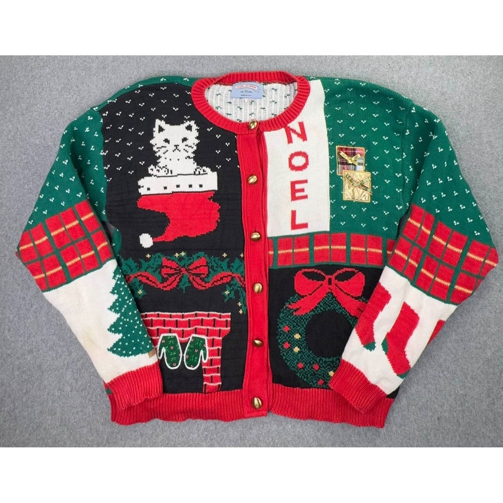 VTG Country Workshop Button Up Christmas Sweater Women's L Cats Noel‎ Stocking